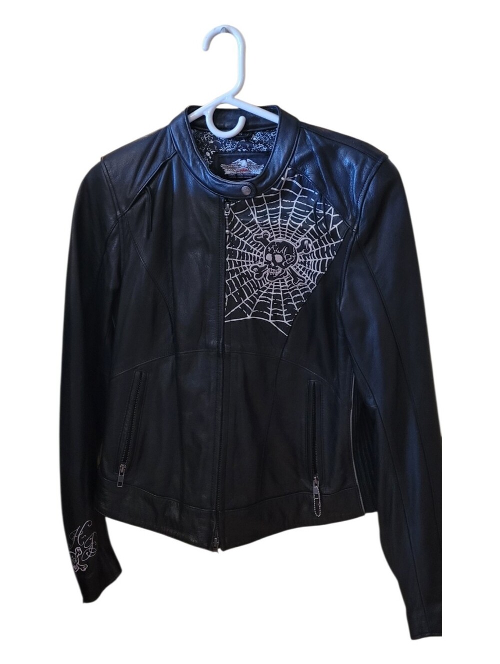 Black Leather Harley Davidson with Spiderweb Graphic, Fully Lined.. Size (S)